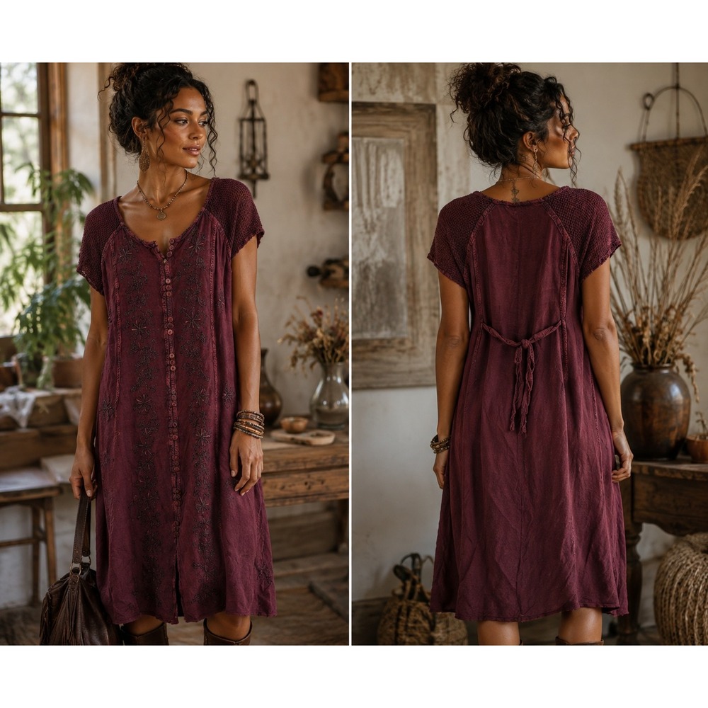 Flower Women Free Size Maxi Dress Maroon Boho Embroidered Button Front Tie Back
